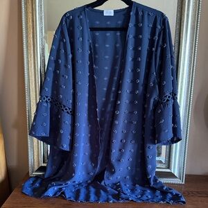 Blue Kimono Shrug Cardigan with 3/4 Bell Sleeves Pom-Pom Embellishments size XXL